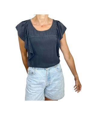 GAP 100% silk charcoal grey short ruffle sleeve pin tuck neckline top blouse